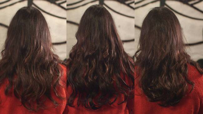 Tre bilder, alla på mörkhårig kvinna med löshår. Bild tagen bakifrån.