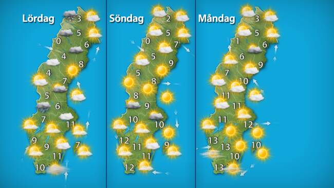 Lördag–söndag-måndag: Stabilare väder på gång
I helgen sker en stabilisering då skurarna i huvudsak upphör och solchanserna ökar. Samtidigt byggs det fortsatt upp moln på dagen. Med solens hjälp blir det även lite varmare i igen.
