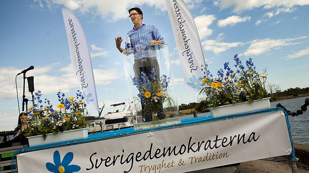 Foto: Scanpix/Ola Torkelsson Sverigedemokraternas partiledare Jimmie Åkesson talar i hemstaden Sölvesborg augusti 2012.