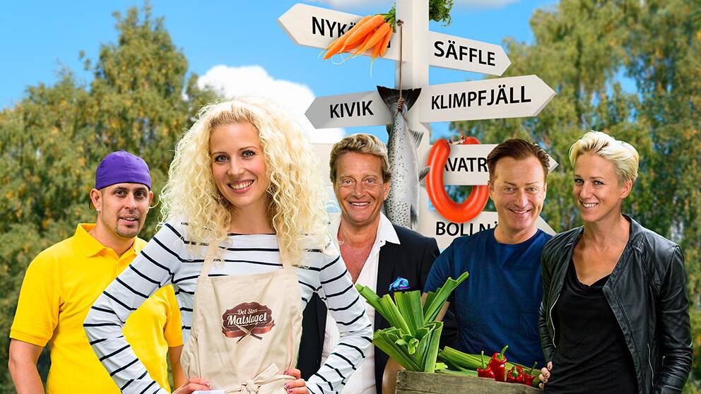 Foto: Love Strandell/SVT Dogge Doggelito, Sandra Dahlberg, Björn Ranelid, Tony Irving och Kajsa Bergqvist är några av lagledarna i Det stora matslaget.