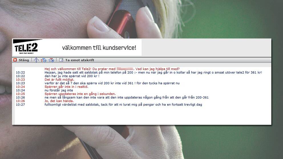 Foto: Skärmbild/TT Nyhetsbyrån chat mellan kund och kundservice på Tele 2