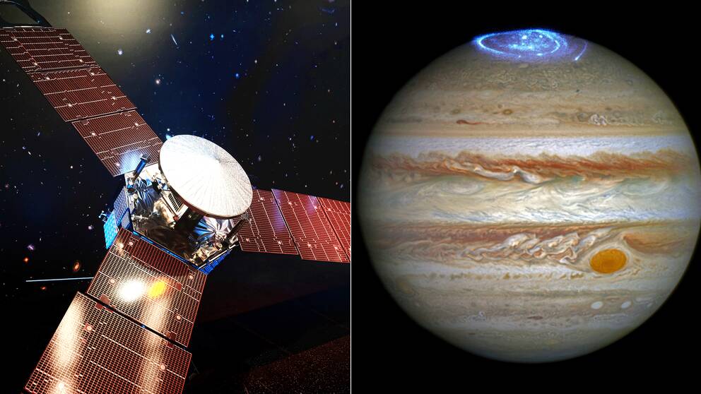 Rymdsonden Juno och Jupiter med ultraviolett norrsken. Foto: TT