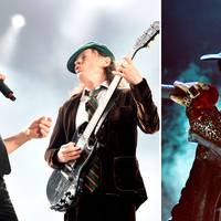 Axl Rose (till höger) tar tillfälligt över Brian Johnsons (till vänster) roll som sångare i AC/DC.