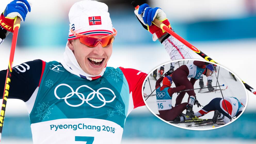 Foto: Bildbyrån/TT Nyhetsbyrån Simen Hegstad Krüger kom tillbaka efter fallet i starten och vann herrarnas skiathlon.