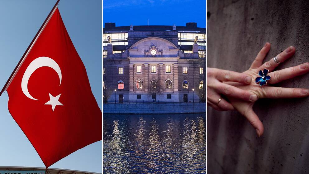 Den turkiska flaggan med månen och stjärnan, symboler för islam, Sveriges riksdag och en hand upptryckt mot en vägg. 