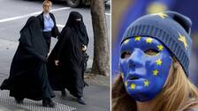 Två kvinnor i niqab som går på gatan samt en kvinna som täckt ansiktet med en EU-mask och mössa. 