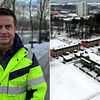 Man med gul arbetsjacka, samt flygbild över miljonprogramsområde