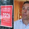 Tvådelad bild: Information i skyltfönstret på en butik som informerar om konkursutförsäljning och Oskar Axelsson, vd för Handelskammaren i Mälardalen.