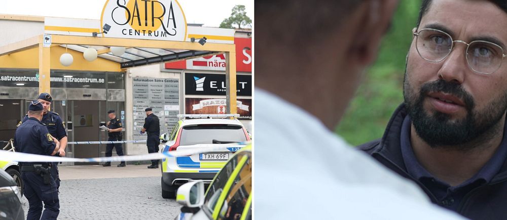 Delad bild med poliser framför Sätra centrum till vänster och en reporter med anonym pappa till höger