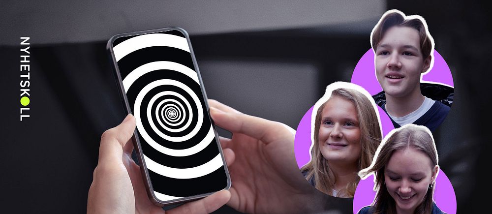 Hur påverkas hjärnan av doom scrolling och brain rot? Vad säger forskningen? Bilden visar tre ungdomar som pratar med Nyhetskoll om sina scrollvanor – och visar hur deras ”feed” på mobilerna ser ut.