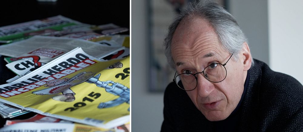 Delad bild. Vänster: Charlie Hebdo-tidningar. Höger: person i mörk tröja vid ett bord.