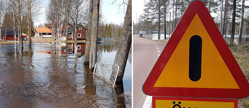 översvämning runt ett hus och en vägskylt som varnar för översvämning