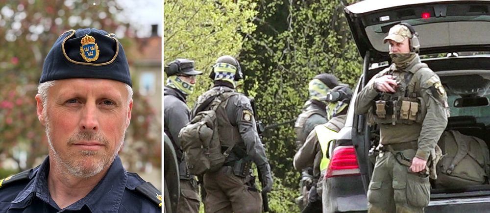 Delad bild. Till vänster syns en polis i uniform, till höger tungt beväpnad insatsstyrka vid bil.