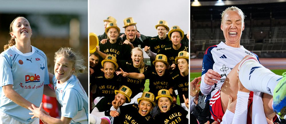 Fotbollsspelare i MFF, LdB och Rosengårdströjor firar och ser glada ut