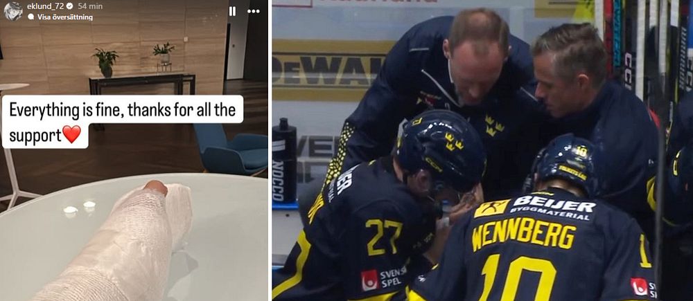 Delad bild. Vänster: bandagerad fot med tackmeddelande. Höger: hockeyspelare på avbytarbänk.