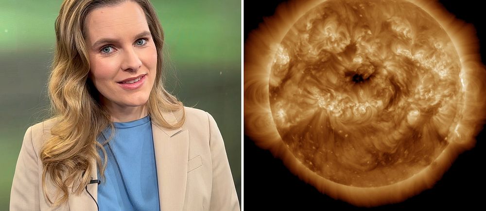 Delad bild. Till vänster: person intervjuas. Till höger: närbild av solens yta med etet koronahål.
