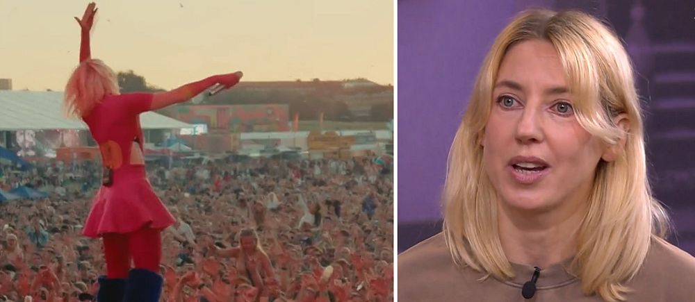 Delad bild. Till vänster: artist på scen inför stor publik. Till höger: person i tv-studio.