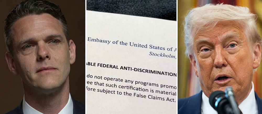 Tredelad bild. Vänster: man i kostym. Mitten: dokument från amerikanska ambassaden. Höger: äldre man i kostym med röd slips.