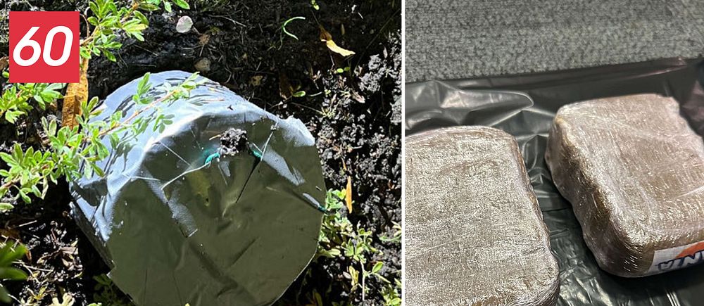 Delad bild. Vänster: Bomben som placerades i Kolla. Höger: Två inplastade paket med narkotika.