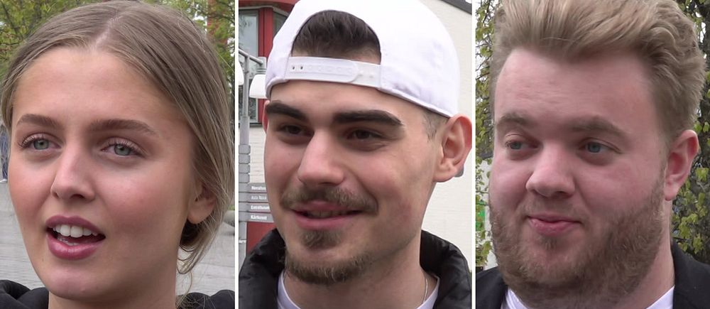 Tredelad bild. Tre unga personer intervjuas utomhus i olika miljöer.