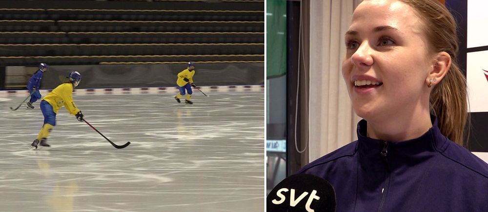 Tudelad bild. Till vänster: bandyspelare på is. Till höger: Agnes Ögren intervjuas av SVT.