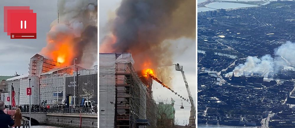 Tre bilder av branden i Börshuset