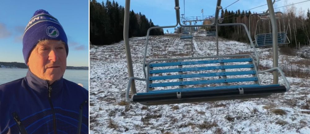 Splitbild på Helmut Grassl och tom skidlift.