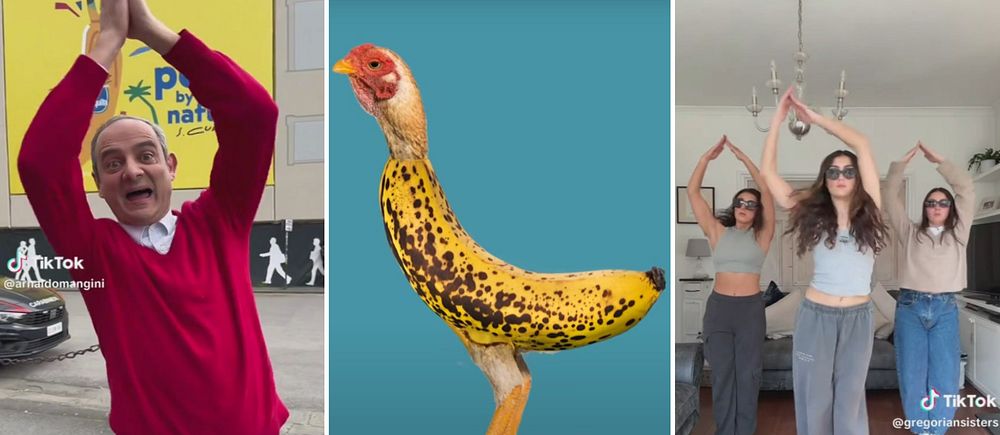 Tredelad bild. Vänster: person poserar. Mitten: banan kyckling. Höger: tre personer poserar.