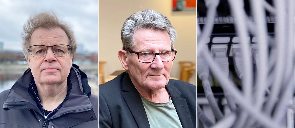 Tredelad bild på dels socialdemokraten Per-Ola Mattsson i Karlshamn,  moderaten Ulf Olsson och bredbandskablar.