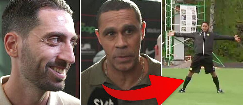 Tredelad bild. Vänster och mitten: SVT-mikrofon framför person. Höger: man tränar på fotbollsplan.