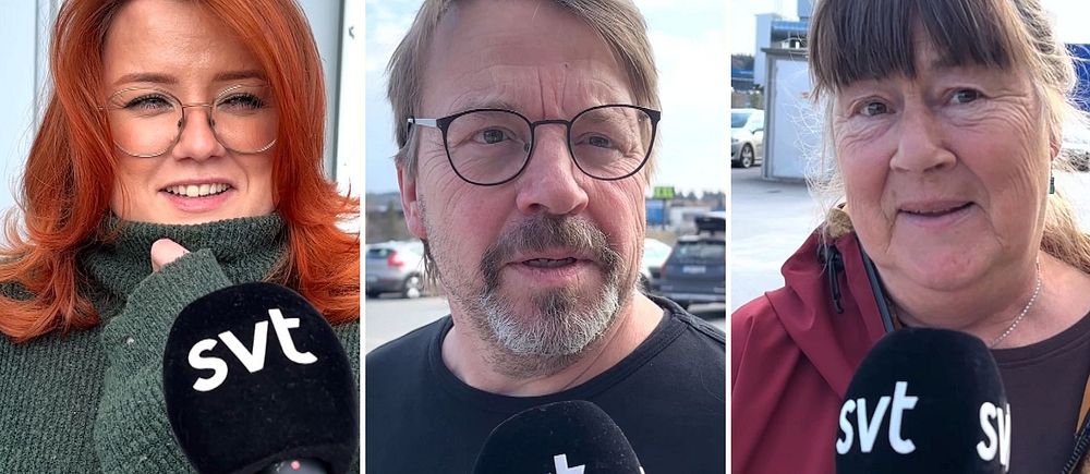 Tredelad bild med SVT-mikrofoner framställd inför olika personer vid intervjuer.