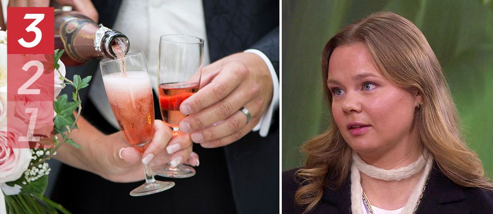 Delad bild. Till vänster hälls champagne upp vid ett bröllop, till höger en kvinna i kavaj.
