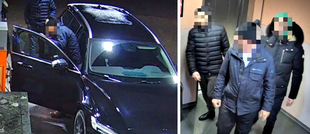 Tvådelad bild. Vänster: person nära bil. Höger: tre personer i vinterjackor går inomhus.