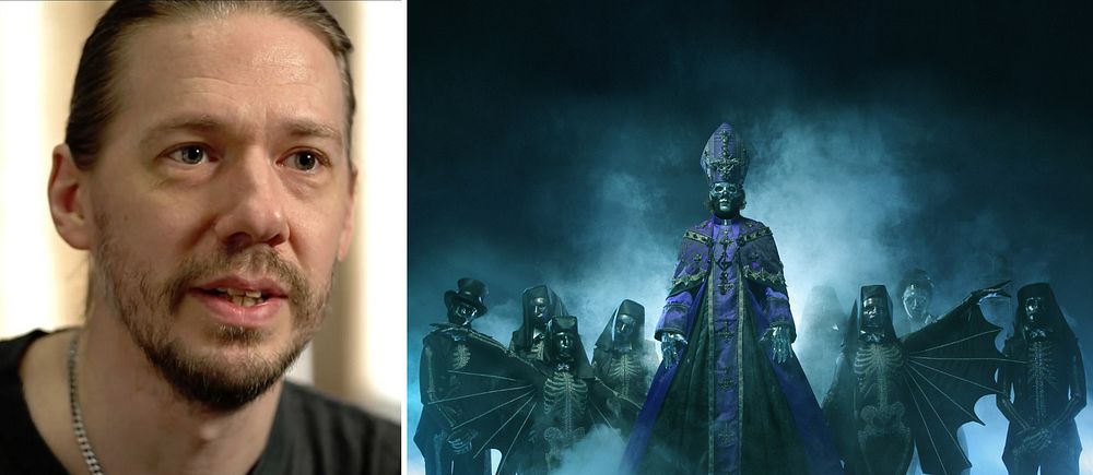 Tvådelad bild. Till höger: Mystisk musikgrupp i dimma och dramatiska kostymer.