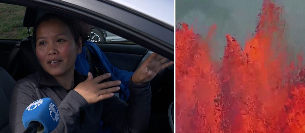 Delad bild, till vänster en kvinna i en bil och till höger närbild på ett vulkanutbrott.