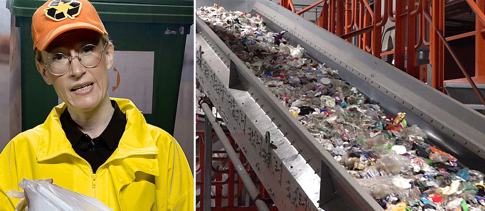 Reporter klädd som återvinningsarbetare samt rullband med plastsopor