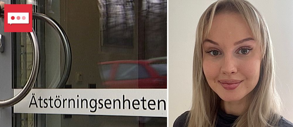 Tvådelad bild. Till vänster: dörren till Ätstörningsenheten. Till höger: en person.