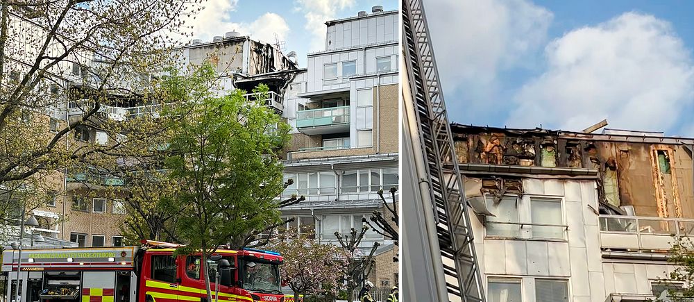 Delad bild. Vänster: brandbil utanför skadad byggnad. Höger: brand- och rökskadade fasader.
