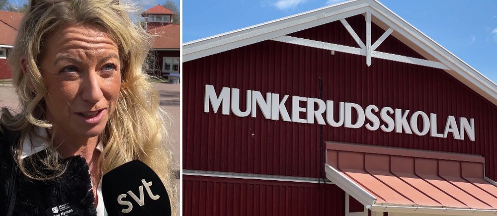 Delad bild. Till vänster: person intervjuas av SVT. Till höger: fasaden på Munkerudsskolan.