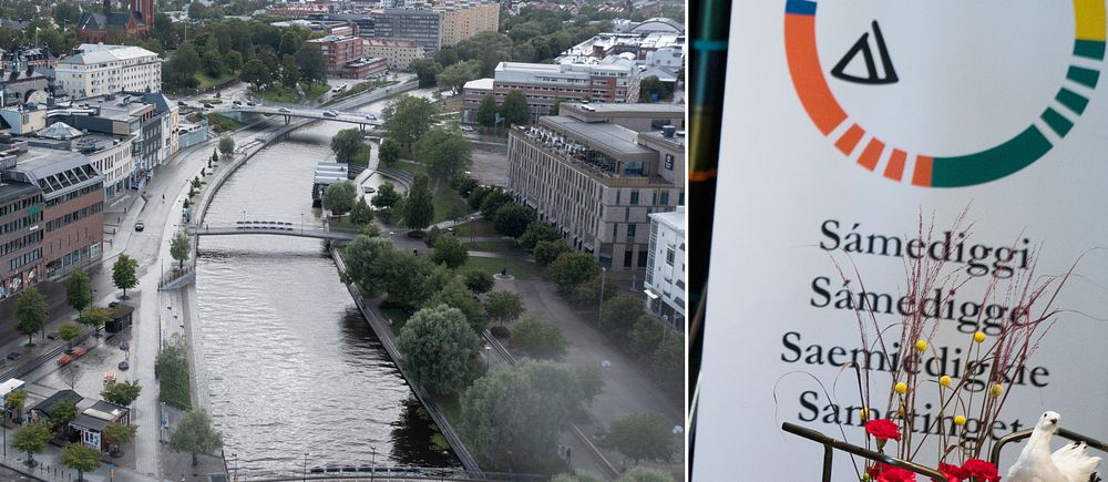 flygbild över Sundsvall och en bild på en skylt med namnet Sametinget