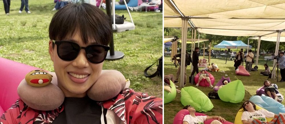Personer som sover på luftmadrasser i en park. Man med solglasögon, sittandes på en luftmadrass.