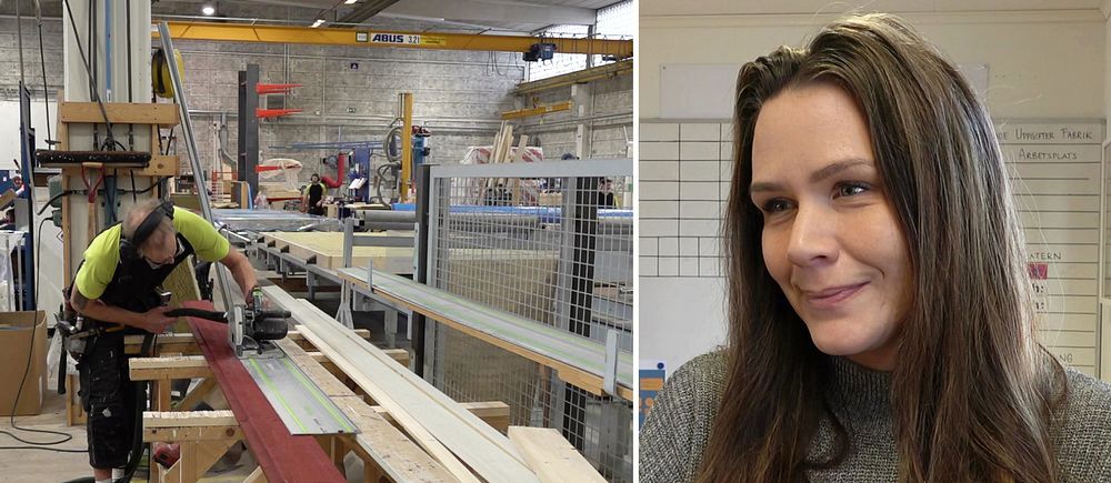 Delad bild. Till vänster: person arbetar i snickeriverkstad. Till höger: person med långt hår.