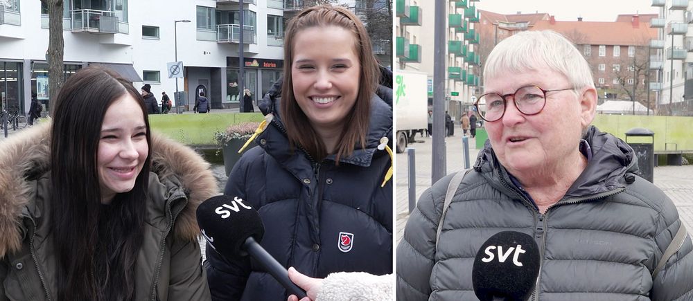 Delad bild. Till vänster: två personer intervjuas. Till höger: en person intervjuas utomhus.
