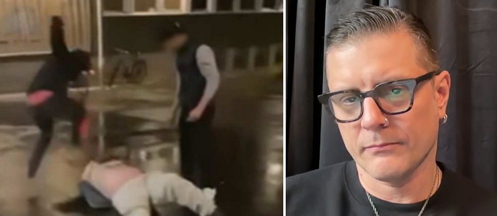 Delad bild. Till vänster: två personer sparkar på en liggande person på gatan. Till höger: en man står mot mörk bakgrund.