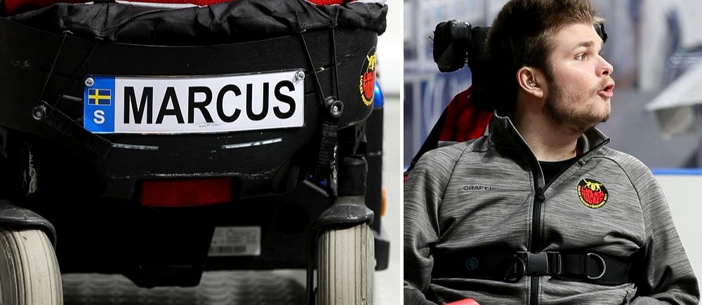Delad bild. Vänster: permobil med skylten ”Marcus”. Höger: person i grå tröja sitter i permobil.