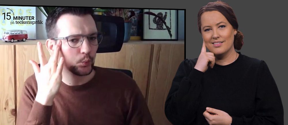 Davy och den svenska teckenspråkstolken tecknar ”döv” i ett videosamtal
