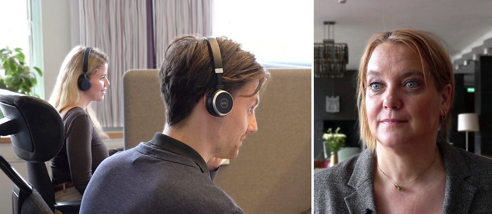 Delad bild. Till vänster: personer med headset på kontor. Till höger: Amanda Grönlund (KD).