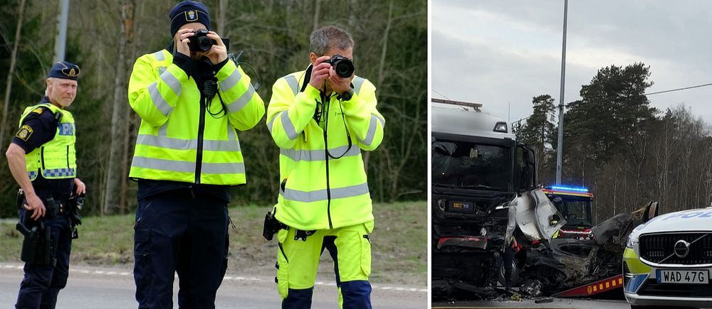 Delad bild. Vänster: poliser med kameror. Höger: lastbilskrocksavstånd.