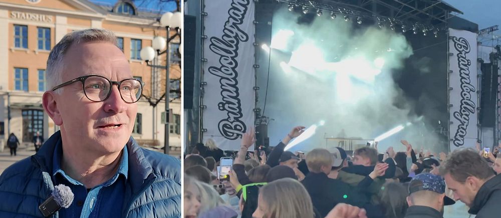 Tvådelad bild. Till vänster: en man framför en byggnad. Till höger: konsert med publik och scenbelysning.