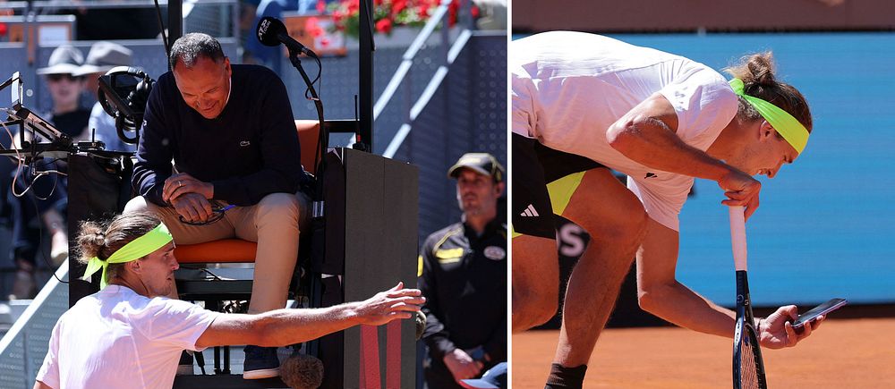 Delad bild. Till vänster: tennisspelare argumenterar med domare. Till höger: spelaren böjd vid nätet.